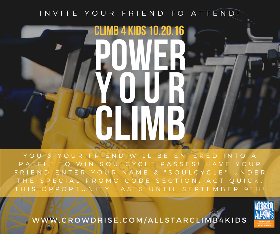 Climb4Kids2016's tweet photo. Tomorrow is our last day to receive @soulcycle class passes during our #ReferAFriend program! Sign-up today! https://t.co/cjDDJqN99e