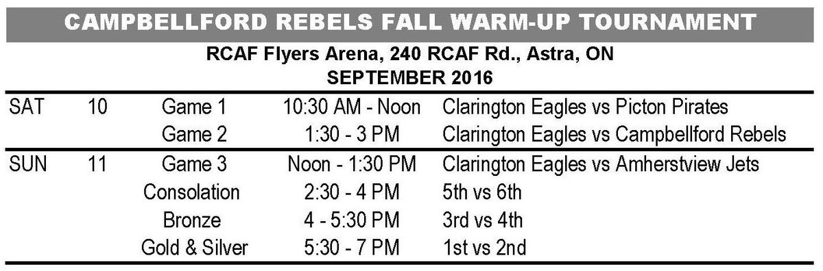 @EaglesPJrHockey play <a href="/Cford_Rebels/">Campbellford Rebels</a> Fall Warm-up Tournament this weekend. #14DaysToHomeOpener