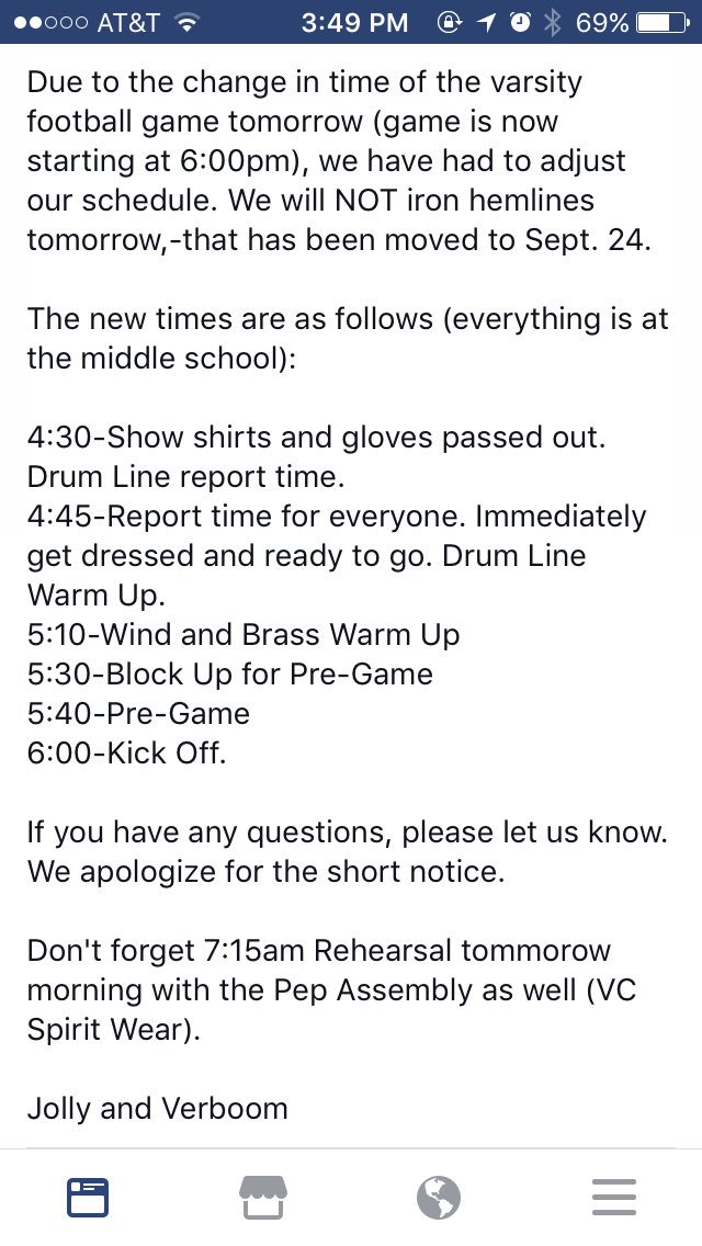 Tomorrows Schedule for the game! The game got pushed back to 6!