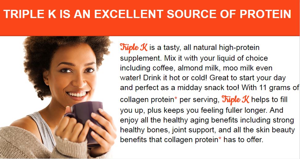 kellieoproducts's tweet image. Triple K is a tasty, all natural high-protein supplement. How do you drink your Triple K? #beautifulaging