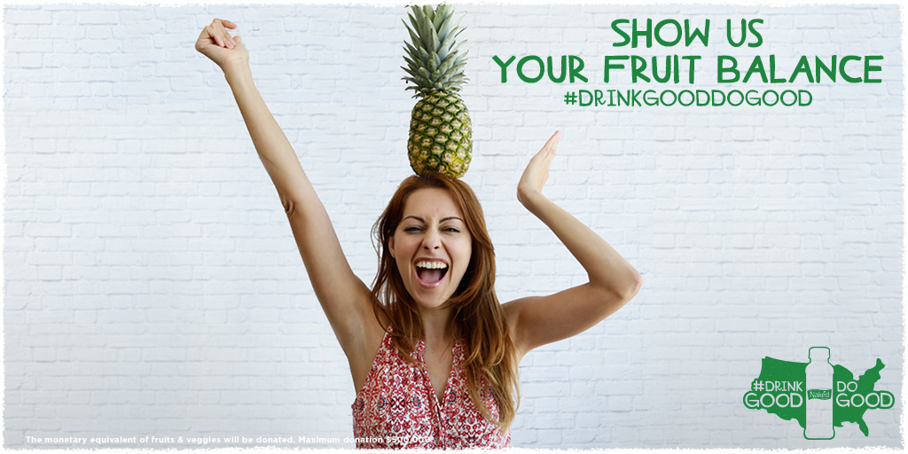 nakedjuice's tweet photo. Post a #selfie w/ your fave fruit balanced on your head. We'll donate 10lbs of fresh produce to neighbors in need! https://t.co/1Gcj4EUM6A