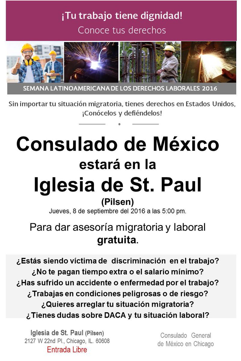ConsulMexCho's tweet photo. .@ConsulMexCho le invita al taller de asesoría laboral y migratoria hoy en la Iglesia St. Paul en #Pilsen #SDL2016 https://t.co/rQHmhO6oIg
