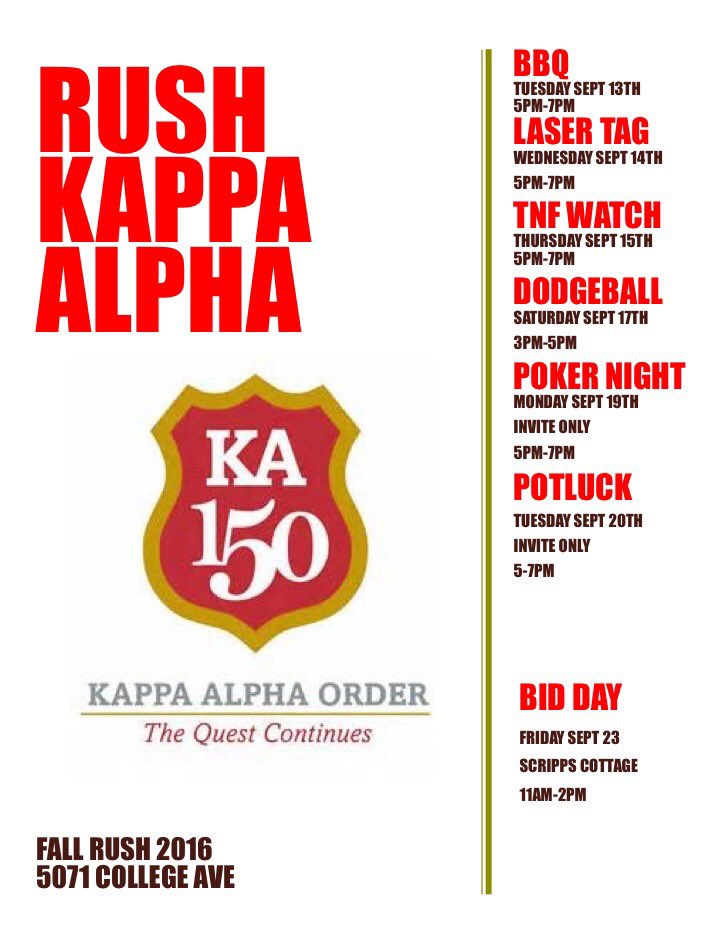 Fall rush events start this Tuesday! Come by the house next week to check out our events and meet the guys #rushKA