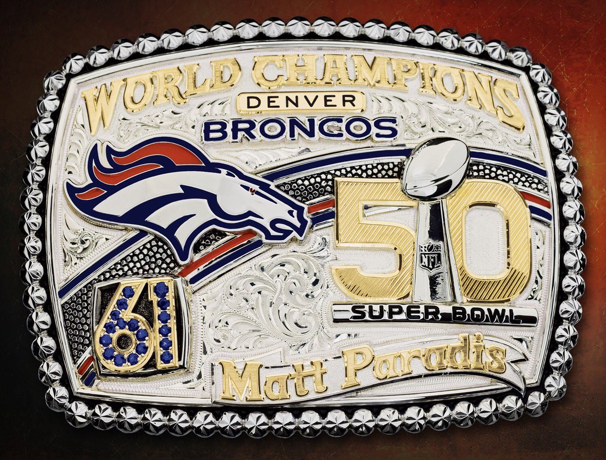 Broncos center two_dice got a custom Super Bowl champ belt buckle made