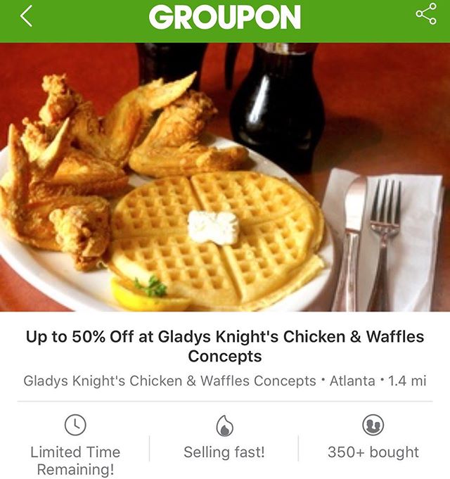 GladysKnightChk's tweet photo. Guess who's on Groupon 👀 #Go2gladys #Gladysknightschickenandwaffles #GrouponAtlanta https://t.co/BmucXWVGv6