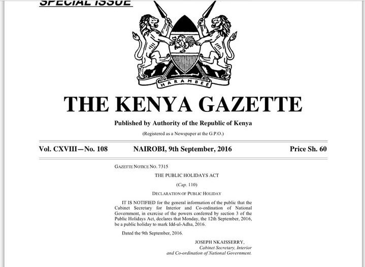 Balitifmisiolo's tweet photo. MONDAY, September 12 declared a public holiday by CS Nkaissery to celebrate Idd-ul-Adha, the end of #Hajj pilgrimage https://t.co/6p09n163xS