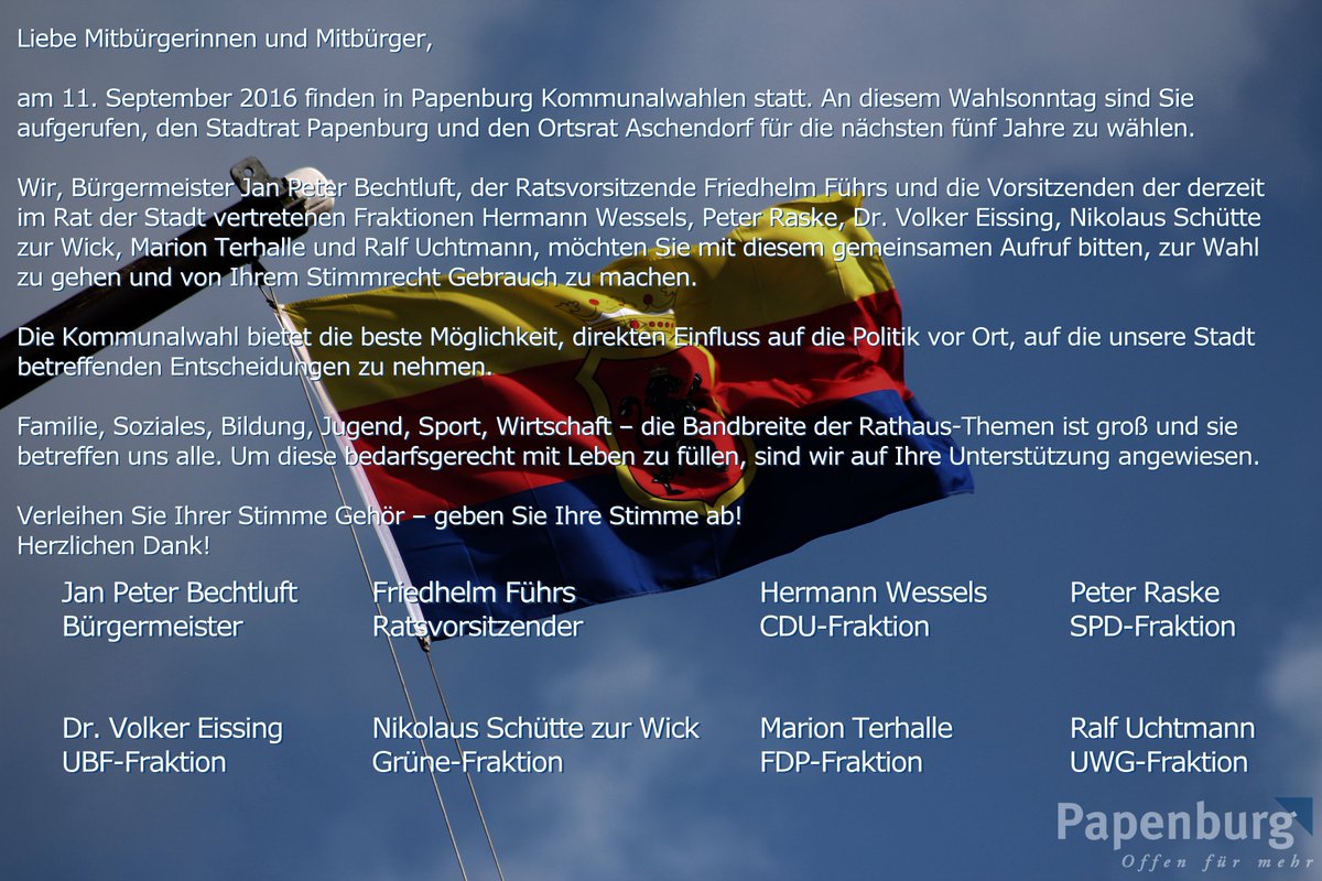 Am Sonntag ist Kommunalwahl auch in #Papenburg. Dazu rufen die Parteien im Stadtrat und der Bürgermeister auf!