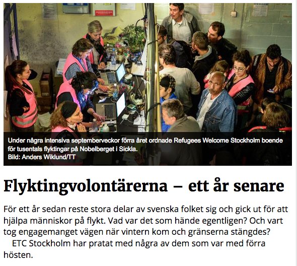 Flyktingvolontärerna - ett år senare. 

Vi träffar några av dem som var med förra hösten. 
stockholm.etc.se/inrikes/flykti…