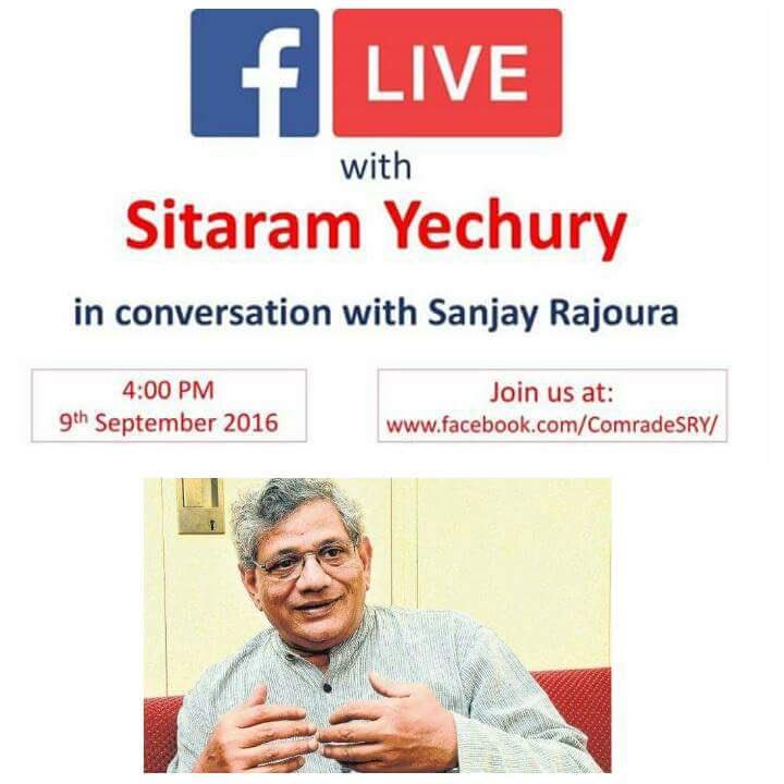 SitaramYechury's tweet photo. In about an hour, #FacebookLive, a conversation with Sanjay Rajoura @urbantucchha #Reminder #At4pm #Today https://t.co/vTOsq8j2Yb