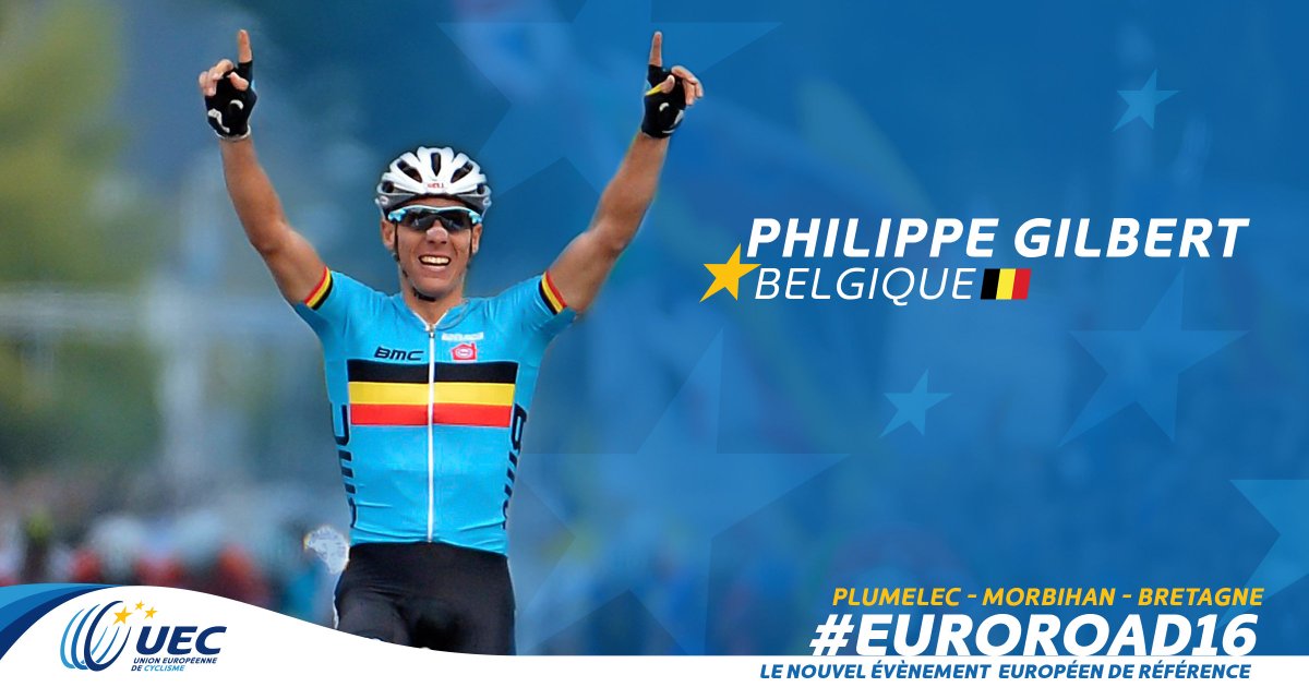 UEC_cycling's tweet photo. He was chosen for the poster of the #EuroRoad16, and we're glad to see him race in Plumelec! @PhilippeGilbert https://t.co/DDu7oNNSfH