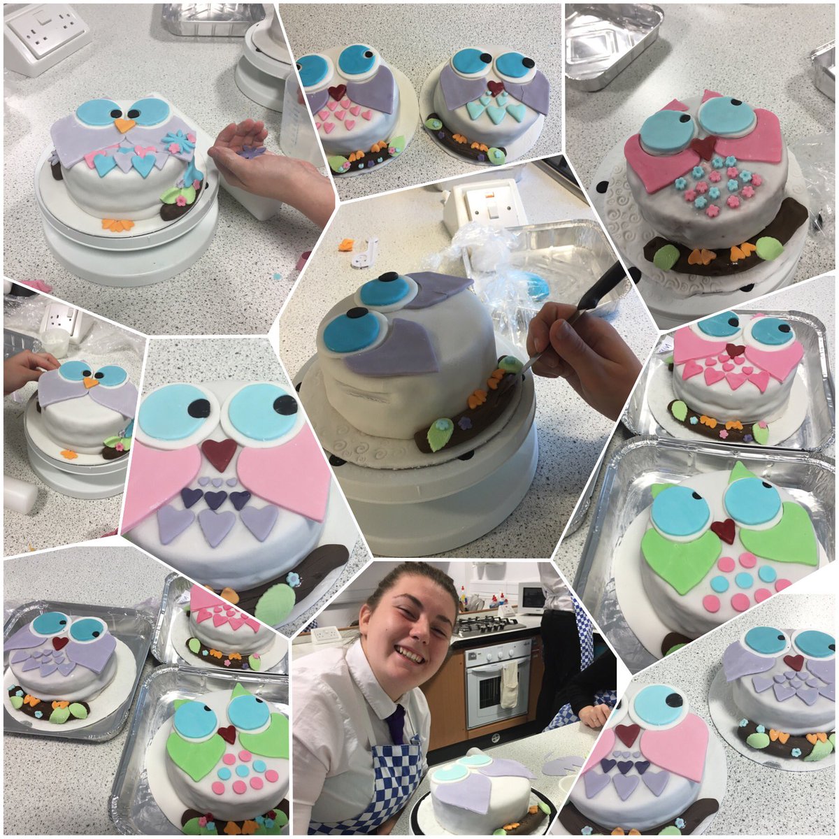 Owl Madeira cakes made by S5/6, using fondant icing and commercial cutters. Beautiful!!#improvingskills