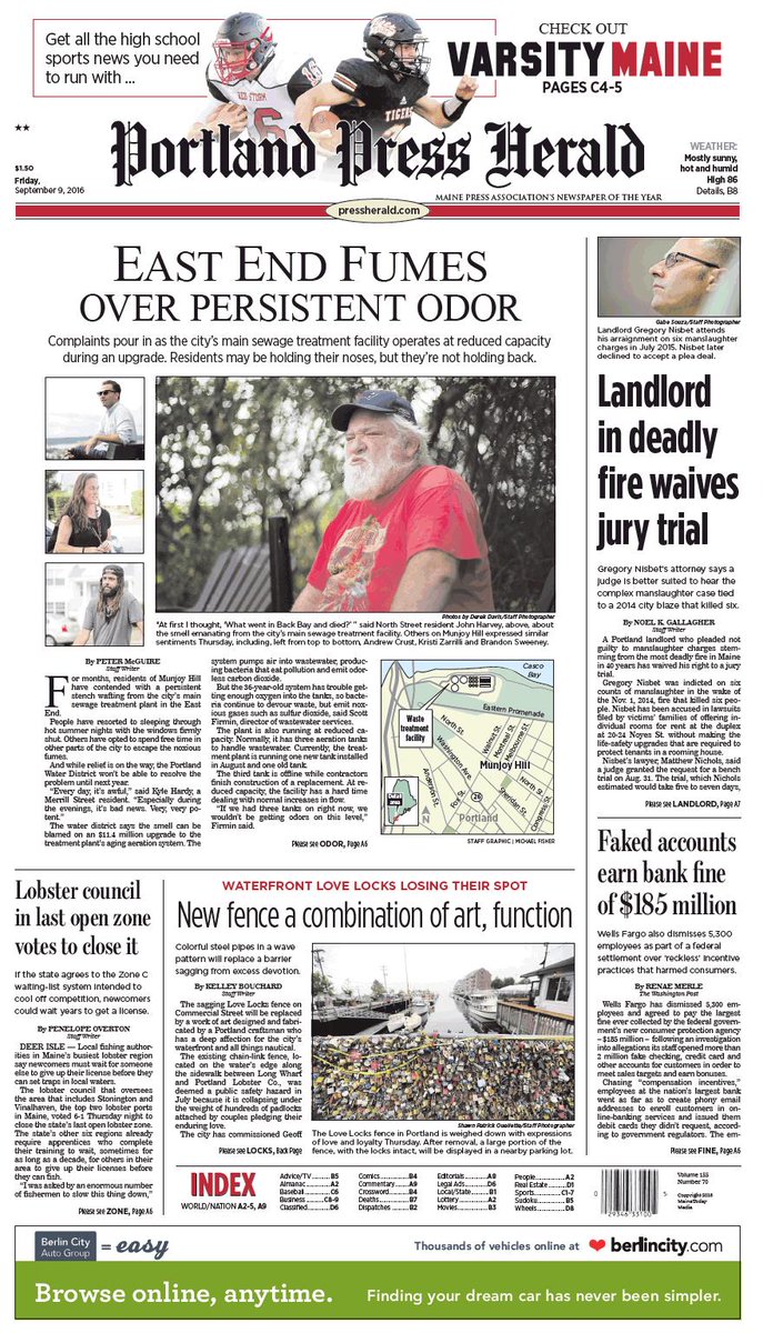 Today's Portland Press Herald front page, Friday, September 9, 2016 ...
