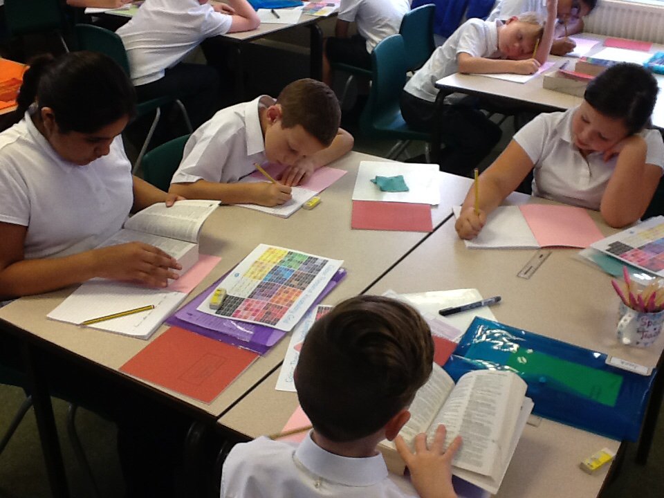 Battyeford's tweet photo. Year 6 working hard and using resources to write a description of Mrs Dodds! https://t.co/YCHISSXWq1