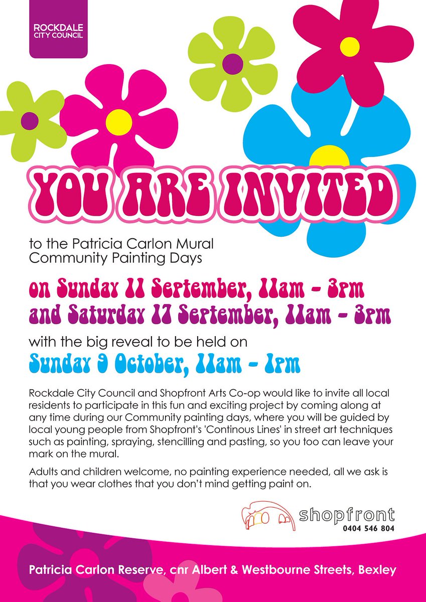 RockdaleEvents's tweet photo. #Invite: #PatriciaCarlon #Mural Community #Painting Day this Sun 11 Sept. Info at https://t.co/m9I9xi9Si6 https://t.co/yORnpXhLiH