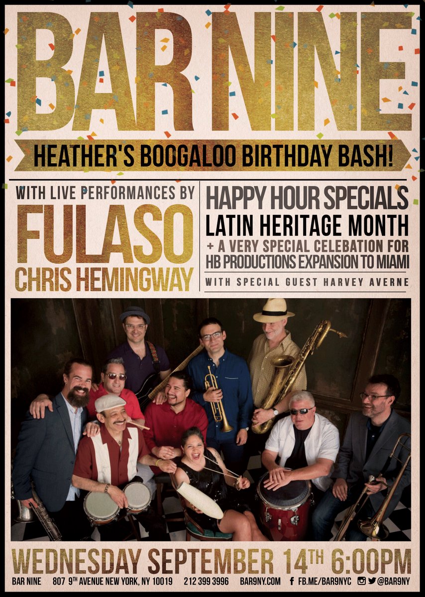 heatherbermanny's tweet photo. @Bar9NY  9/14 Hottest Party #Boogaloo #Fulaso @Tovioli @XimenaOjedaPR @REMEZCLA #latinjazz https://t.co/nD4jFMRTRp https://t.co/5hz3DRQnsJ