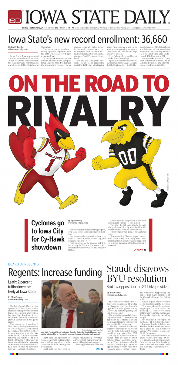 iowastatedaily's tweet photo. In the spirit of #CyHawk, who has the better front page? Retweet for @iowastatedaily or favorite for @TheDailyIowan. https://t.co/EUVCnRiMgK