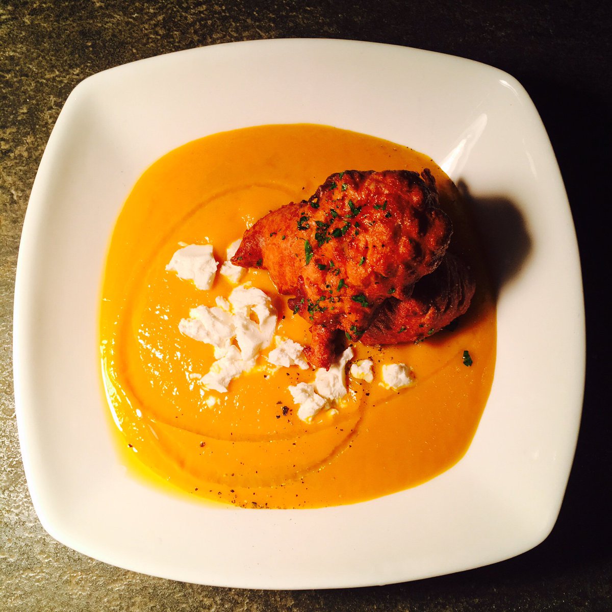 ThePickledHeron's tweet photo. Chilled carrot soup, goats cheese, zucchini fritters #Fishtown #BYOB #Farmtofork https://t.co/3hTj4pHD4c