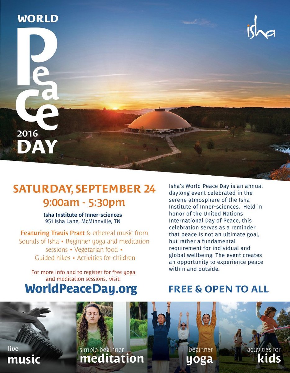 Join Isha's World Peace Day, an annual daylong event at Isha Institute of Inner Sciences - bit.ly/2cdfyLV