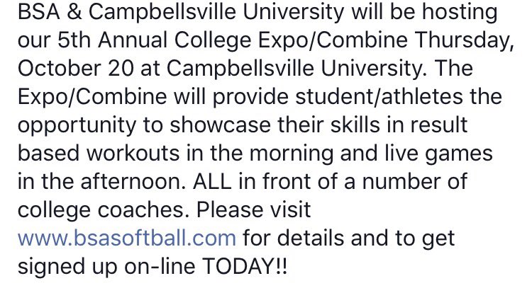 BSA &amp; Campbellsville University Expo/Combine!! Get Signed Up Today!!