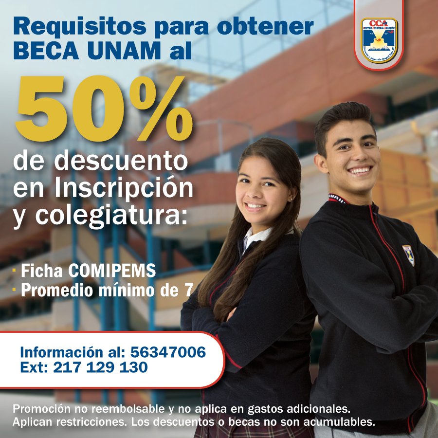 ¡Obtén 50% de descuento en inscripción y colegiatura en preparatoria presentando tu ficha COMIPENS! #SomosCCA