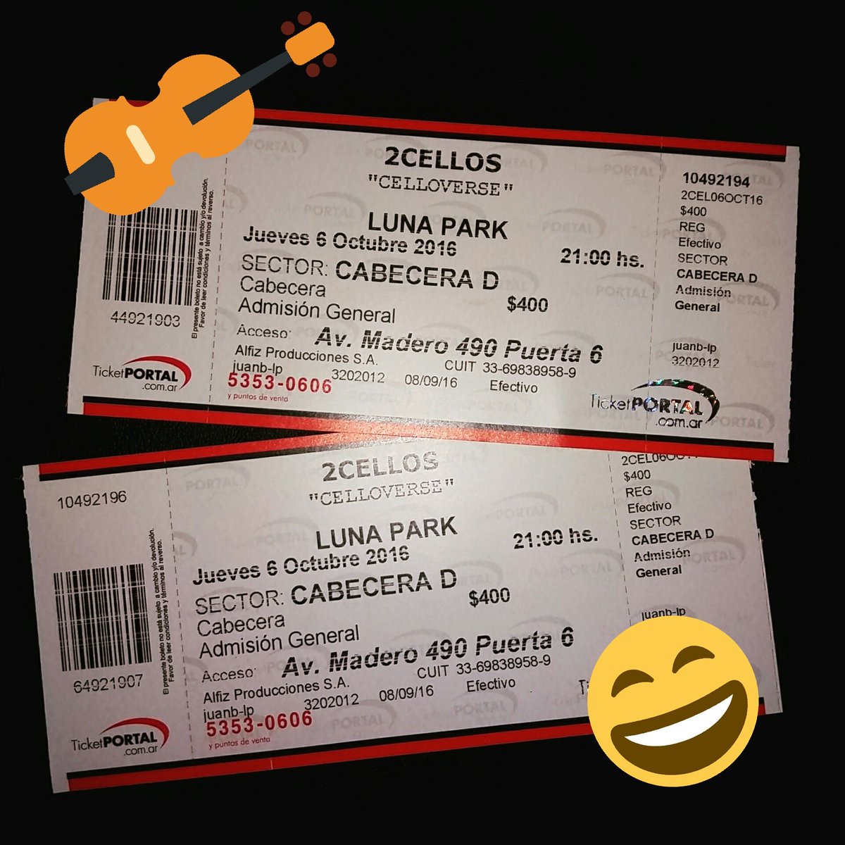 elodiabuckley's tweet photo. Feliz por el regalo sorpresa de mi hermana. Voy a ver a #2CELLOS!!! #Celloverse #TicketPortal 😄🎻 https://t.co/AXH2k3JLeY