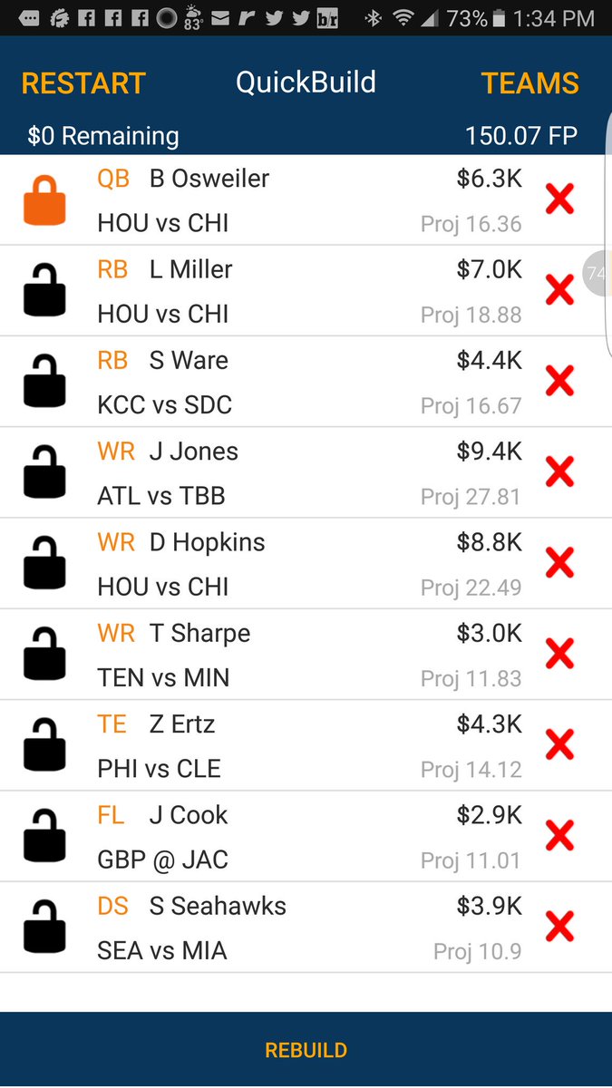 mercurion's tweet photo. #RGQuickBuild @RotoGrinders I think Brock and DHop go off on the hobbled Bears. Hope to win a Million! https://t.co/TrMMNjPYmp