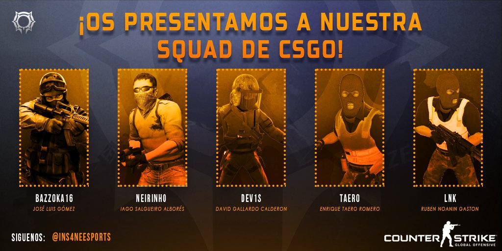 INS4NEeSports's tweet photo. Presentamos a nuestra squad de CSGO. ¡Bienvenidos! #GoINS4NE @bazz0ka16_ @neirinho_csgo @dev1sCSGO @taeroCSGO #LNK https://t.co/HXjYLIDelX