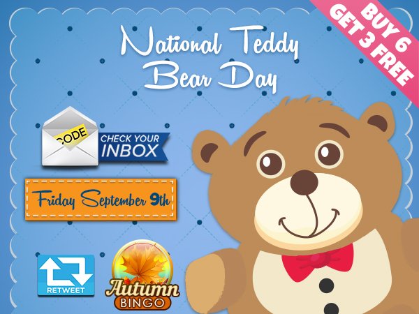 CyberBingo's tweet photo. Celebrate Teddy Bear Day playing for fantastic cash prizes! 🐻🐻 #cyberbingo #teddybear #bingo https://t.co/qU6GEVLUnh