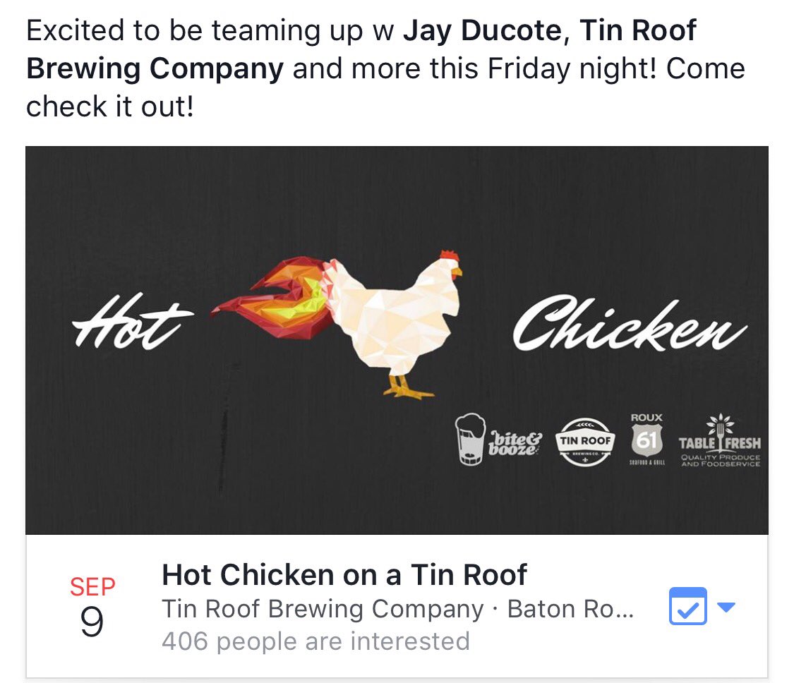 roux61_br's tweet image. Tonight's the night! Come out and join us @tinroofbeer w @jayducote! #roux61br #idigbr #tastelouisiana #hotchicken