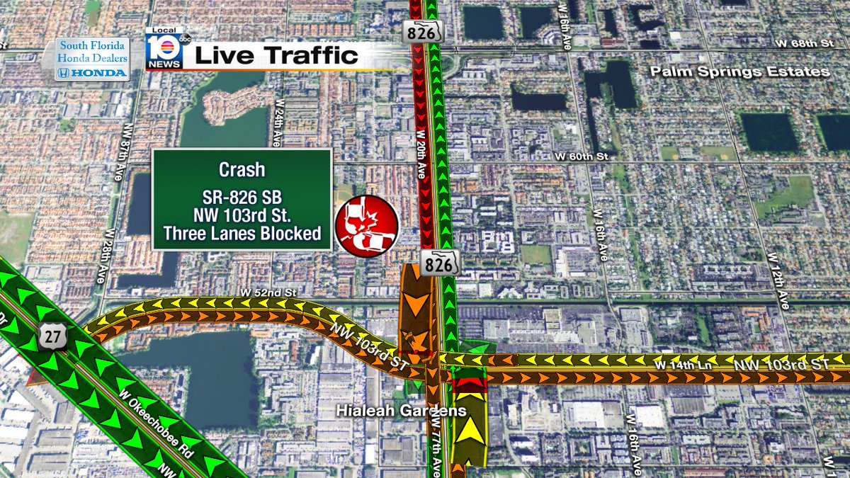 CRASH: SR-826 SB & NW 103rd St.  Three lanes blocked; expect heavy delays.  #TRAFFIC #MIAMI https://t.co/vhS9pgpT1c