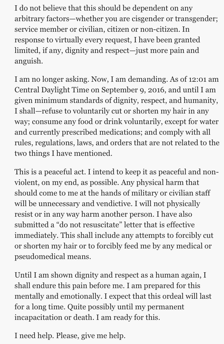 schwarz's tweet image. Statement by Chelsea Manning announcing she is beginning a hunger strike today: