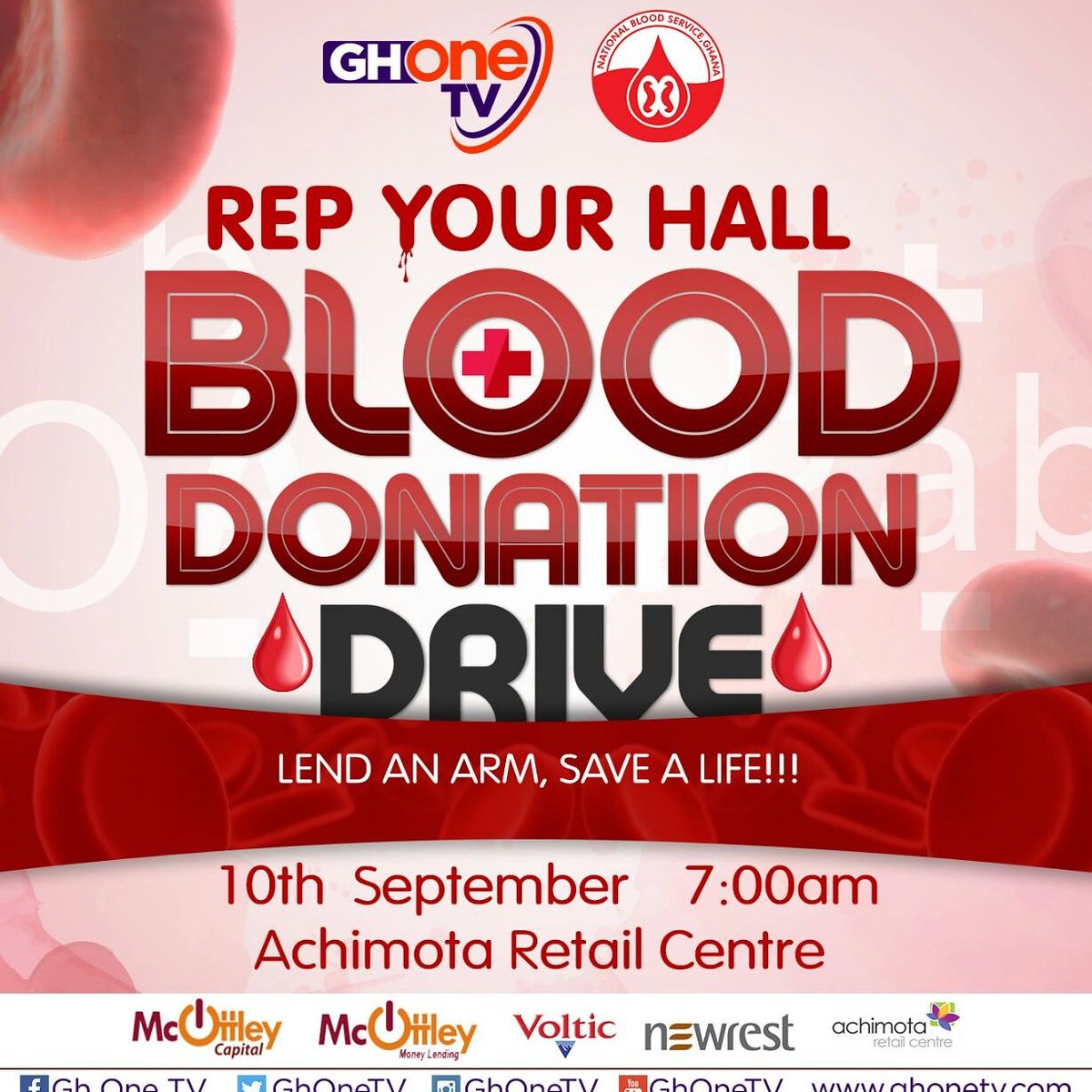 ghonetv's tweet photo. IT'S HAPPENING TOMORROW, the @GHOneTV Rep Your Hall Blood Donation Drive

VENUE: Achimota Retail Centre from 7:30 am https://t.co/KeDXxOYndN