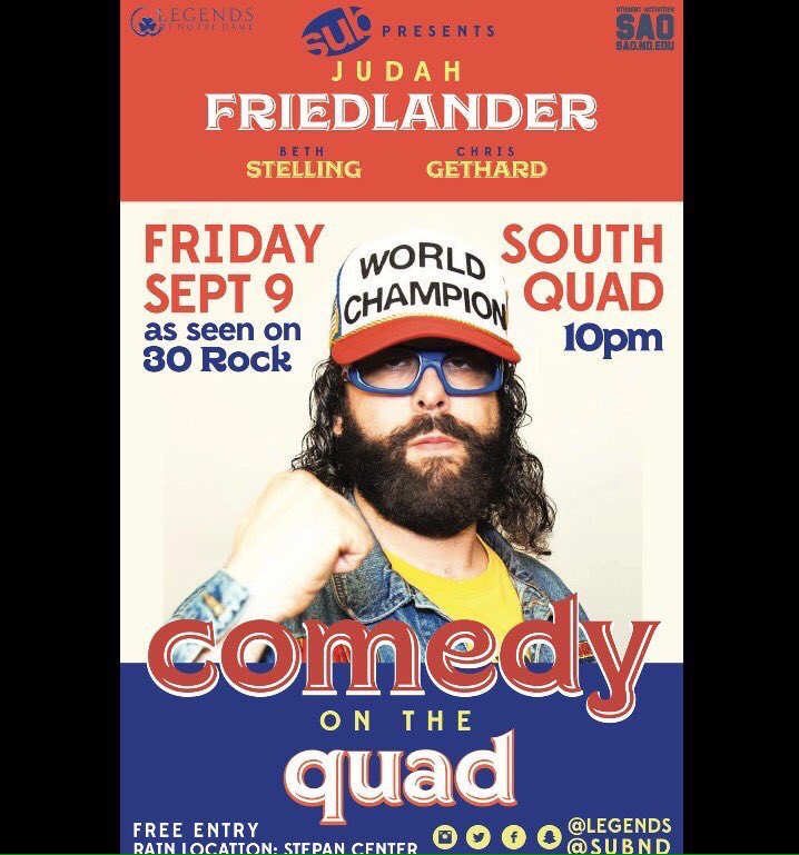 Guy wearing a funny hat in a building wearing a funnier hat. Tonight at 10pm. <a href="/JudahWorldChamp/">Judah Friedlander</a> <a href="/subnd/">Student Union Board</a> <a href="/saond/">dinoki</a>