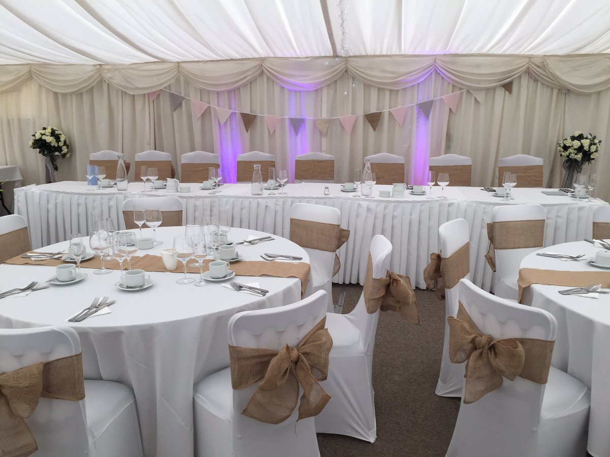 wuavd's tweet photo. Fallen in love with this venue 😍 @OrangeryMarquee top table skirt with Hessian sashes &amp; runners ready for tomorrow https://t.co/ydEjhtRBVb