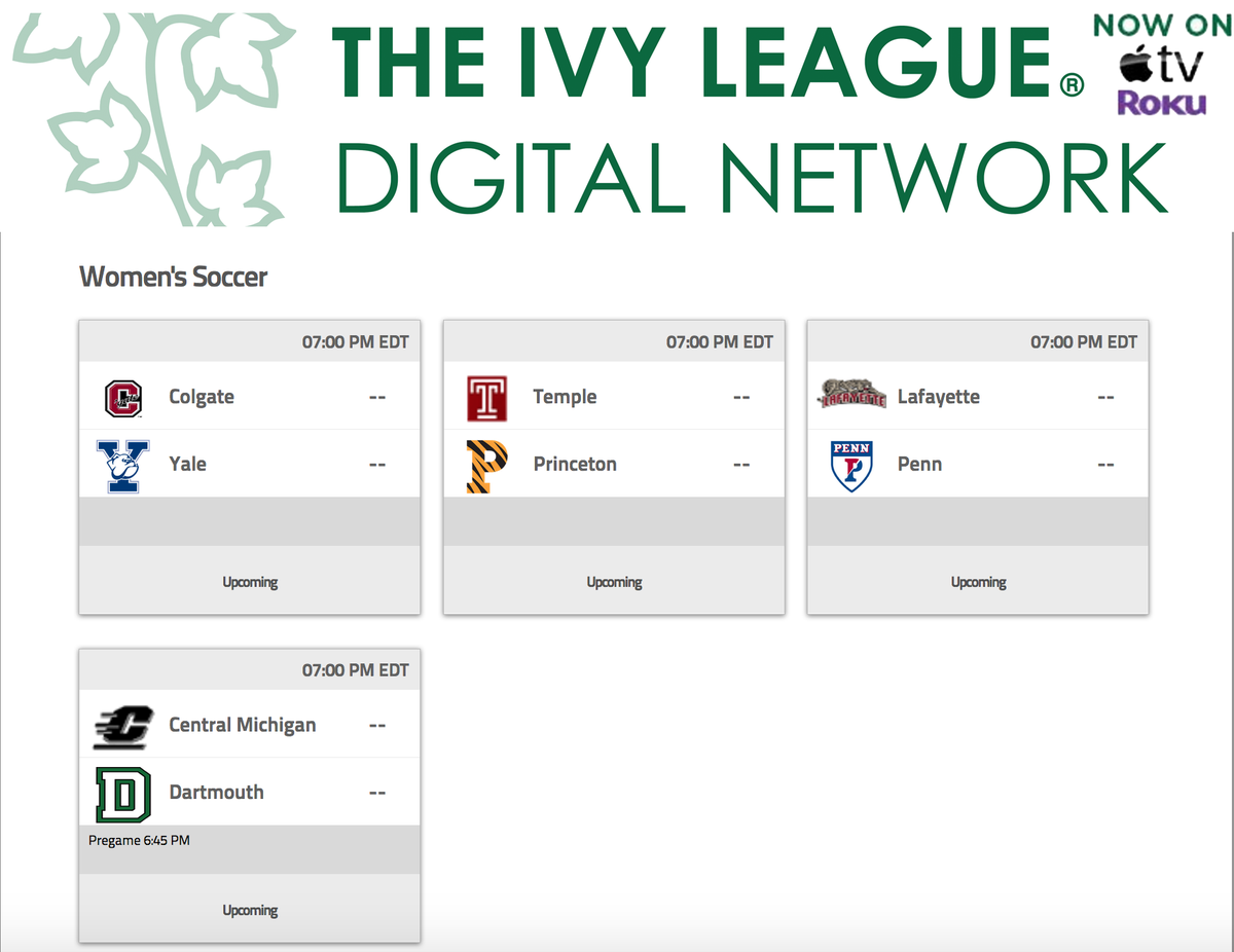 IvyLeague's tweet photo. WSOC: Tonight's @IvyLeagueNet schedule! Four games at 7pm! Good day for #quadview! https://t.co/JuH6pZduPy #OneIvy🌿 https://t.co/2WLJKKuDF8