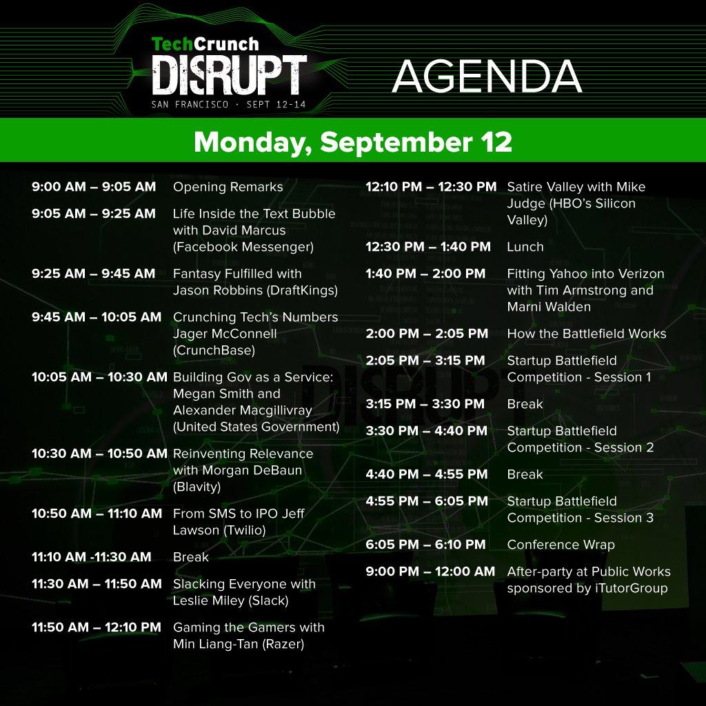 TechCrunch's tweet image. Here&apos;s the agenda for Disrupt SF! #HackDisrupt kicks off on Saturday, and the main #TCDisrupt event starts on Monday
