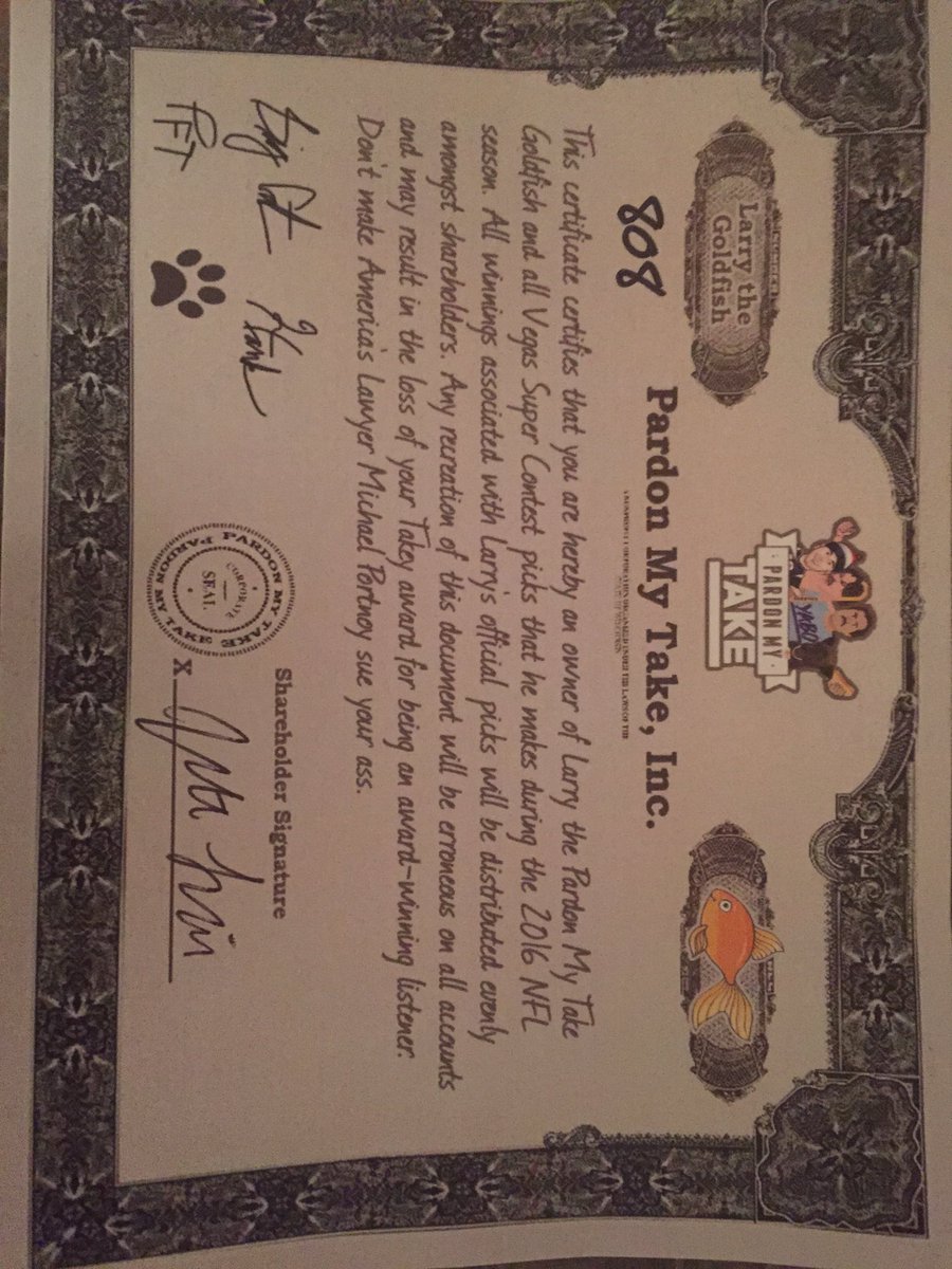 ClemsonCarl's tweet photo. Beyond proud to officially be the 808th partial owner of a half blind, deceased goldfish #RIPLarry1 @BarstoolBigCat https://t.co/PZAeeg5Wcd