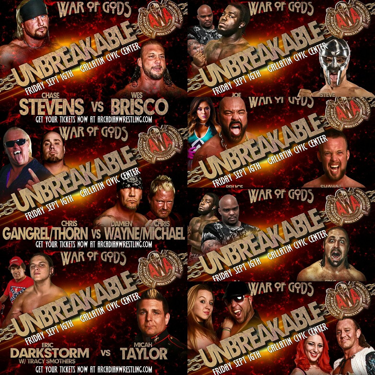 wrestlearcadian's tweet photo. Sept 16th. Gallatin Civic Center in Gallatin TN next Fri. https://t.co/omGGfQJAY9 or 1-615-AWA-SHOW https://t.co/m4aDIA5Pcu