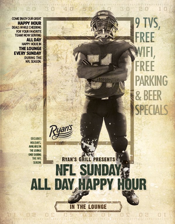 ryansgrill's tweet photo. All. Day. Happy Hour. Every Sunday during the #NFL season. https://t.co/5ucDQZLVZ6