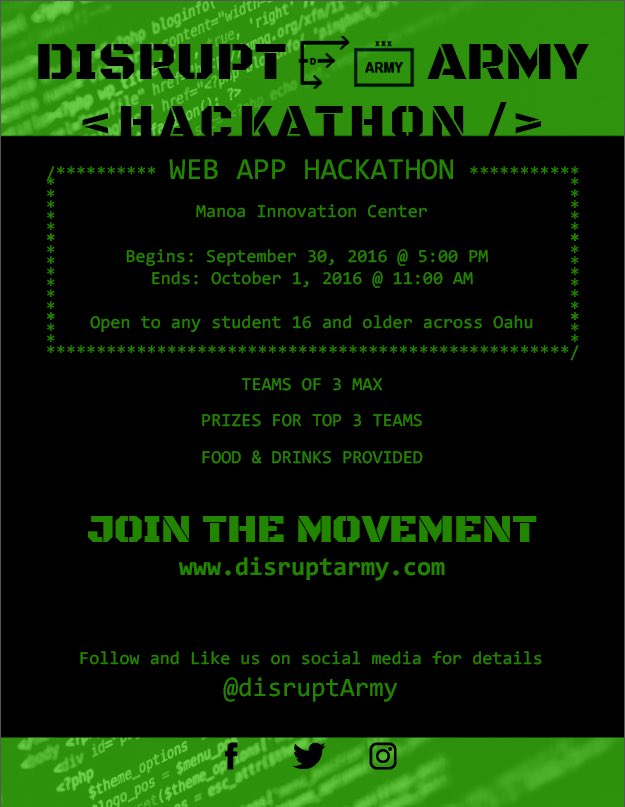 disruptarmy's tweet image. help us spread the word by retweeting our upcoming #disruptArmy #hackathon