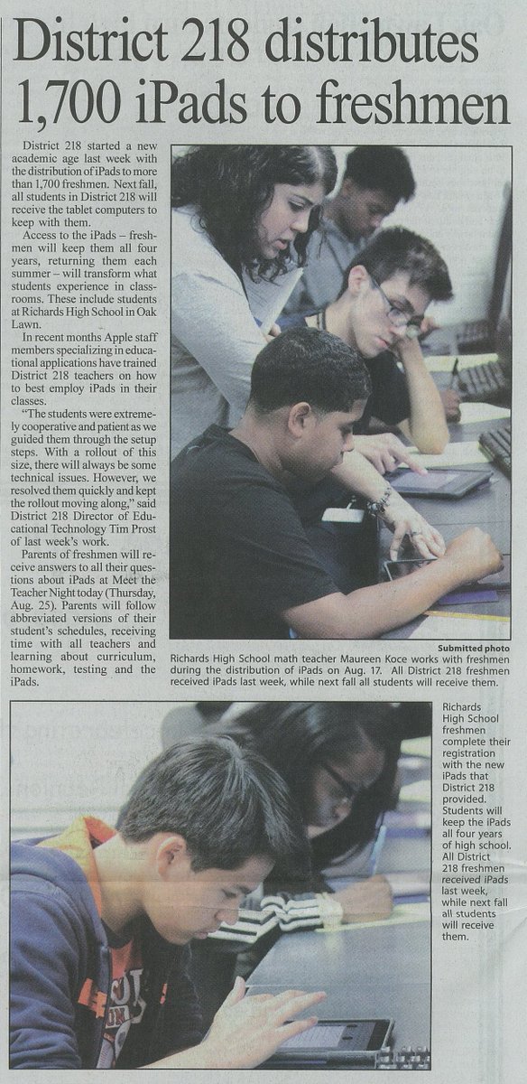 BulldogsHLR's tweet photo. THX @TheReporter1 for featuring rollout of 1,700+ iPads for freshmen in D218.  All D218 students get iPads in 2017. https://t.co/pzwVuSG40e