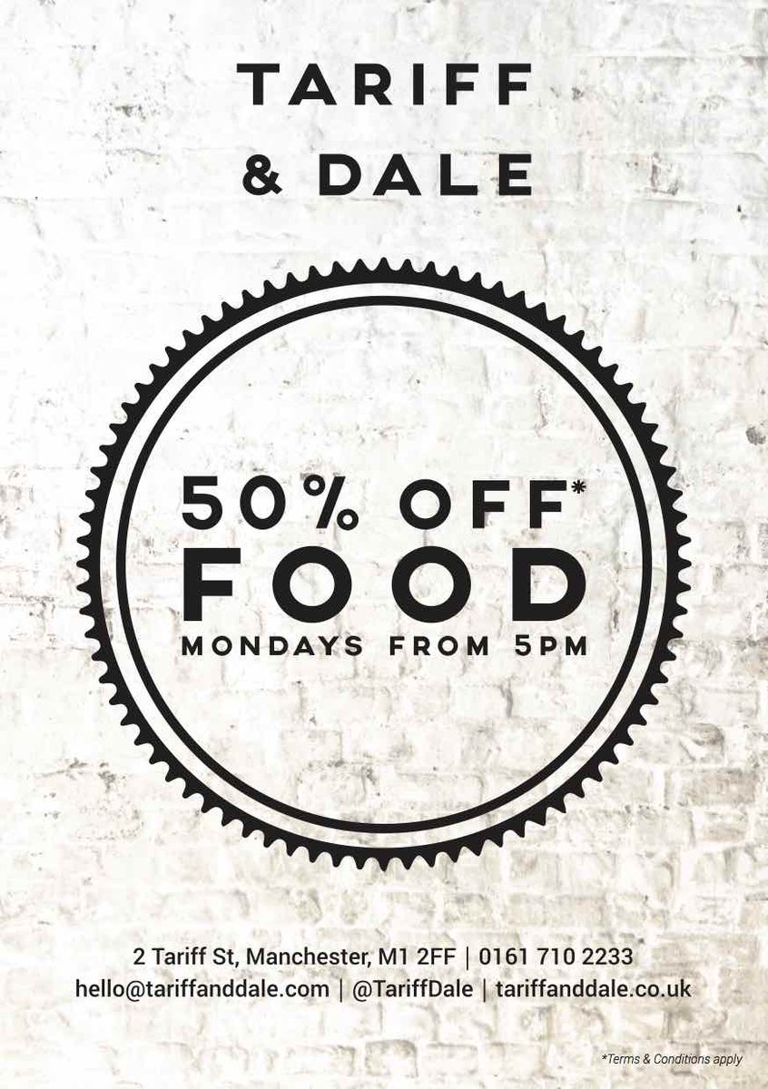 TariffDale's tweet photo. No need to worry! We still got 50% off food from 5pm this #BankHolidayMonday ππΎ #FoodOffer #McrOffer #NQ https://t.co/qTASsyllH9