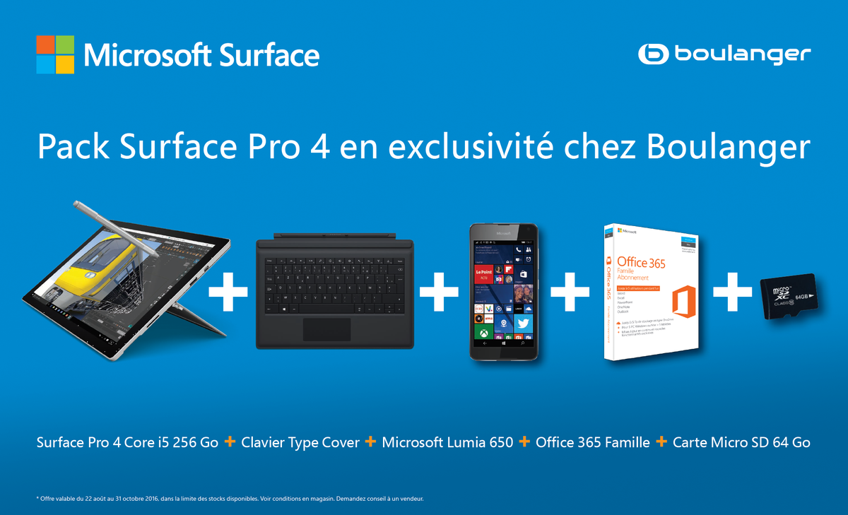 Efficacité, productivité, créativité dans un pack exclusif <a href="/boulanger/">Boulanger</a> #Lumia650 #Surface4pro msfr.so/zixgvC
