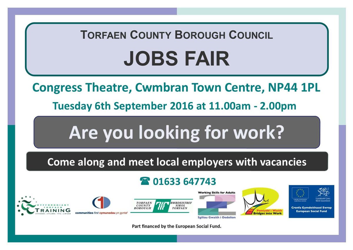 PLEASE RT. Cwmbran Jobs Fair. Tuesday 6th September. 11-2. <a href="/CongressTheatr/">Congress Theatre</a> #Torfaen #Skills #Employment