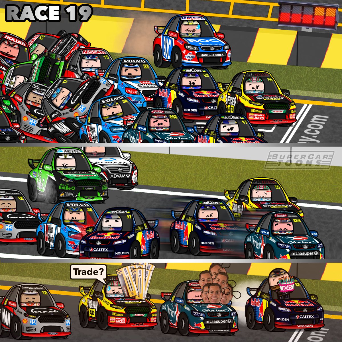 Supercar_Toons's tweet photo. The bulls were at it again at @SydneyMSP as @shanevg97 and @jamiewhincup shared wins, J-Dub wrapping up the 💯 #VASC https://t.co/eNARENxGcx