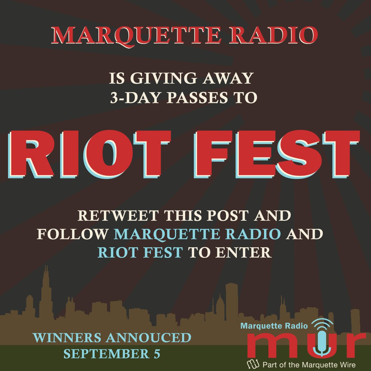 marquetteradio's tweet photo. We are giving away a pair of 3-day passes to @RiotFest! Make sure you follow us and retweet this photo to enter! https://t.co/YFYPNyme7O