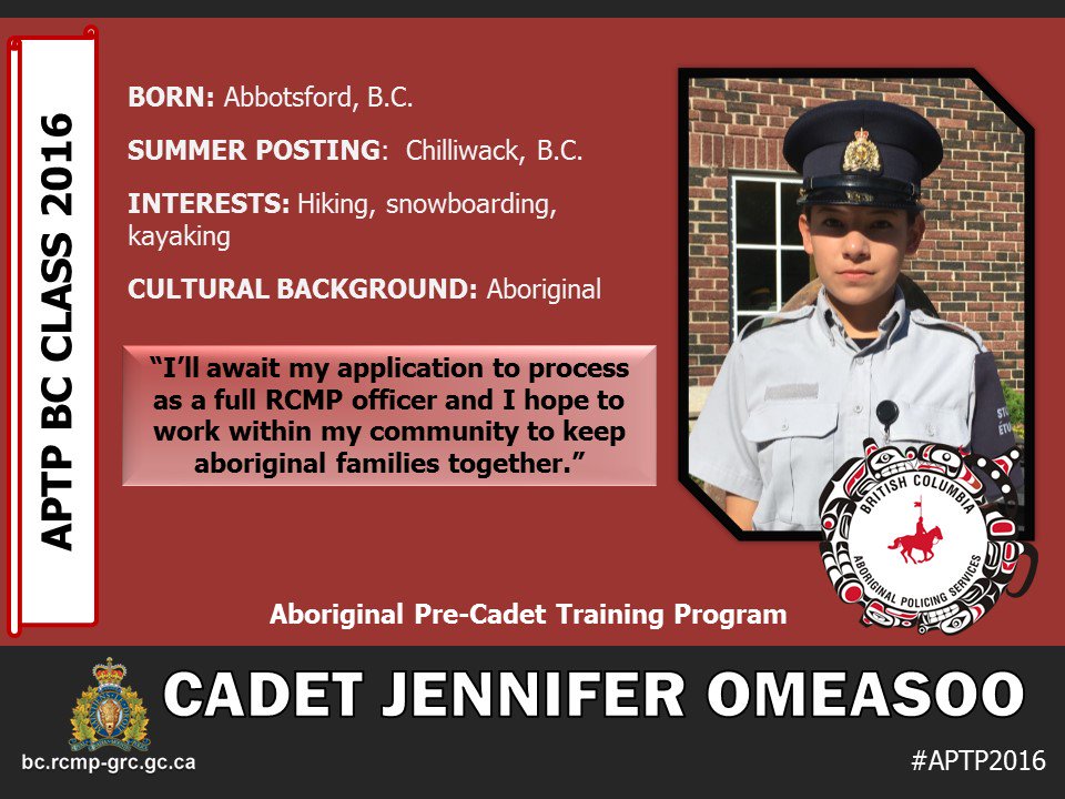 BCRCMP's tweet photo. Introducing Cadet Jennifer Omeasoo of the #ChilliwackRCMP  #APTP2016 https://t.co/L4r2E6gyL2 https://t.co/a5ZhW9Y6Iz