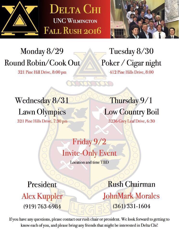 Rush week is here! Meet the brothers of Delta Chi and join the brotherhood of a life time! #uncw2020 #RushΔΧ