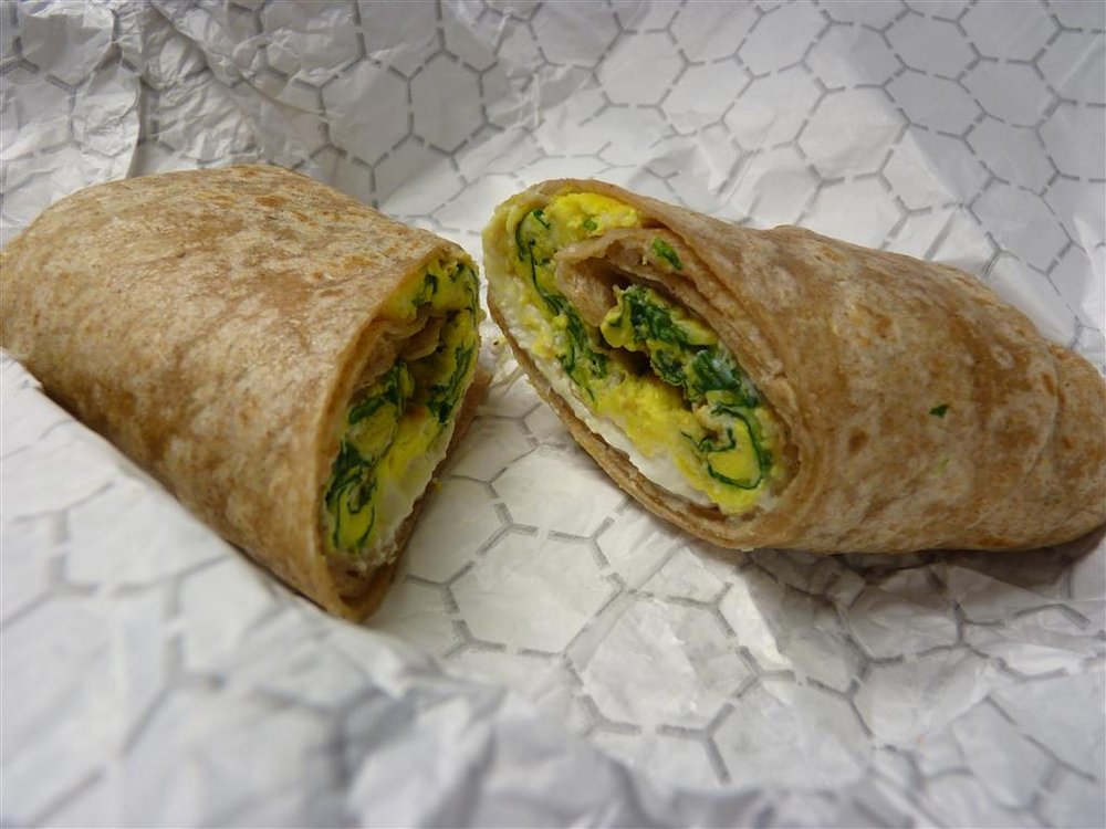 Late breakfast, anyone? We've got an herbed goat cheese with spinach and eggs, all on a wrap.