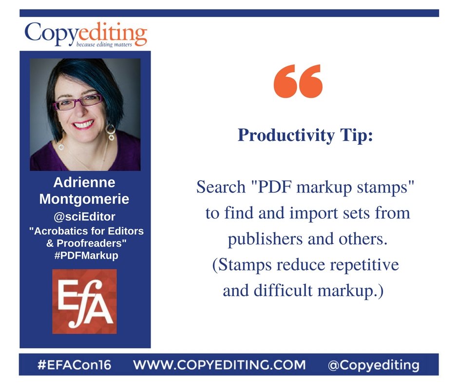 Copyediting's tweet photo. PDF #ProductivityTip: Search "PDF markup stamps" online to find sets of stamps. @sciEditor #PDFmarkup #EFACon16 https://t.co/nheNgYn6ZL